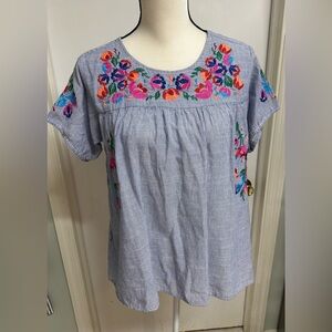 See and Be Seen Women’s Embroidered Floral Blue Top